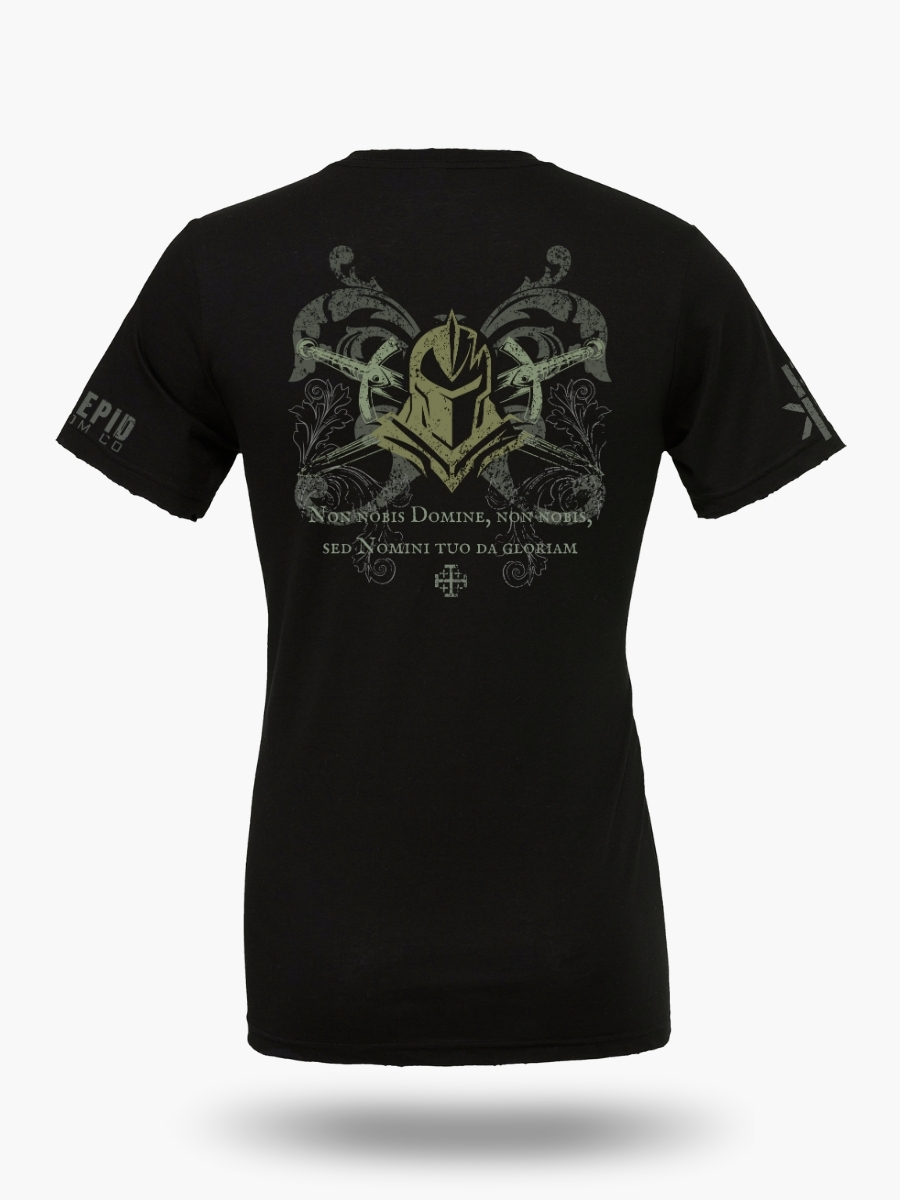 Black Knights Templar t-shirt back with knight helmet design and Latin text.