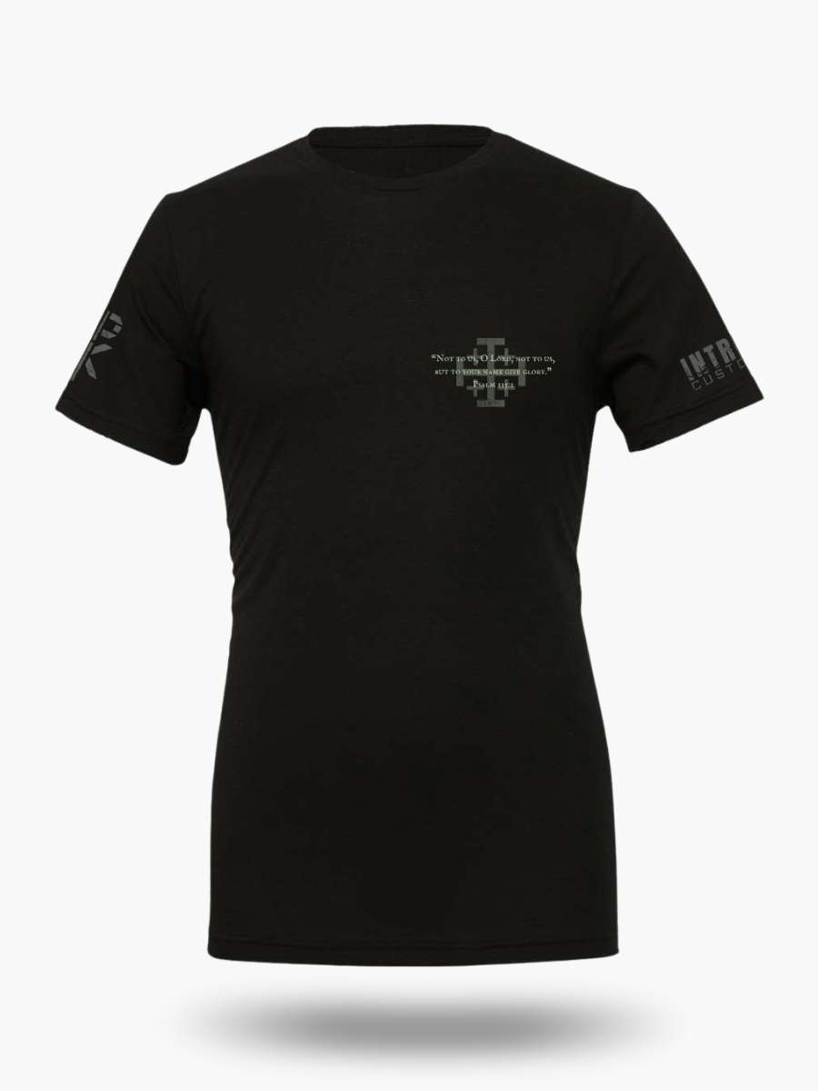 Black Knights Templar t-shirt front with Psalm 115:1 text on the chest