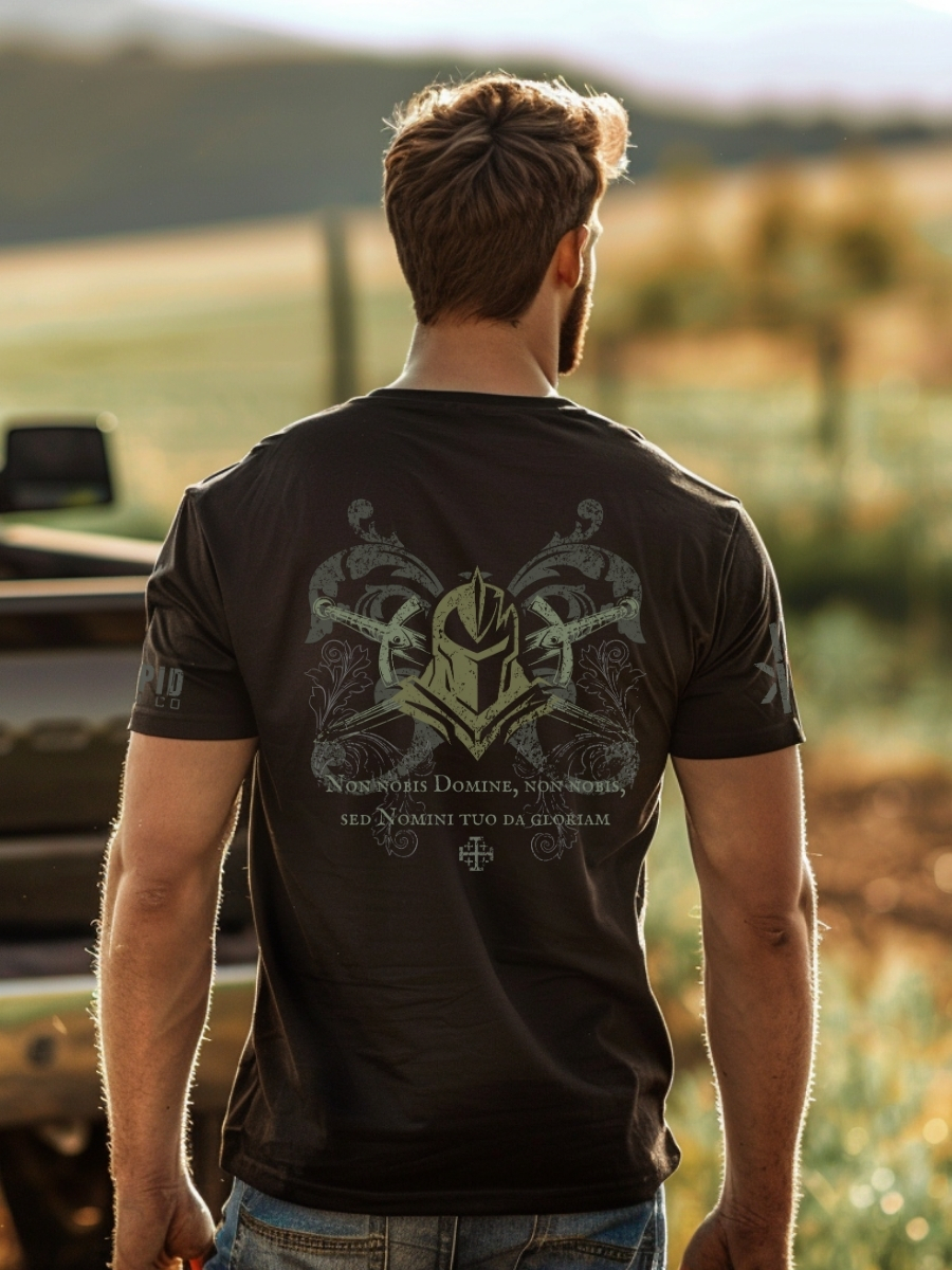 Model wearing black Knights Templar t-shirt, back view with knight helmet design.