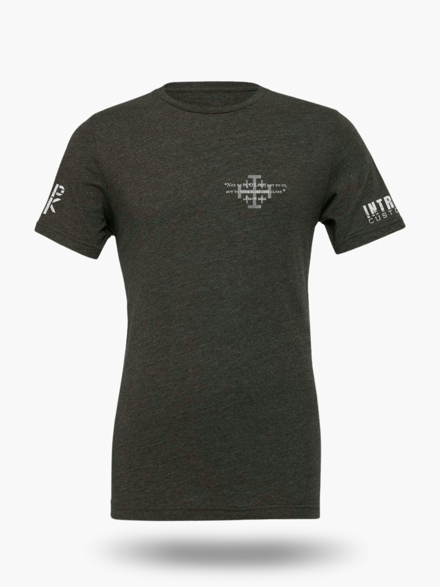 Dark heather grey Knights Templar t-shirt front with Psalm 115:1 text on the chest