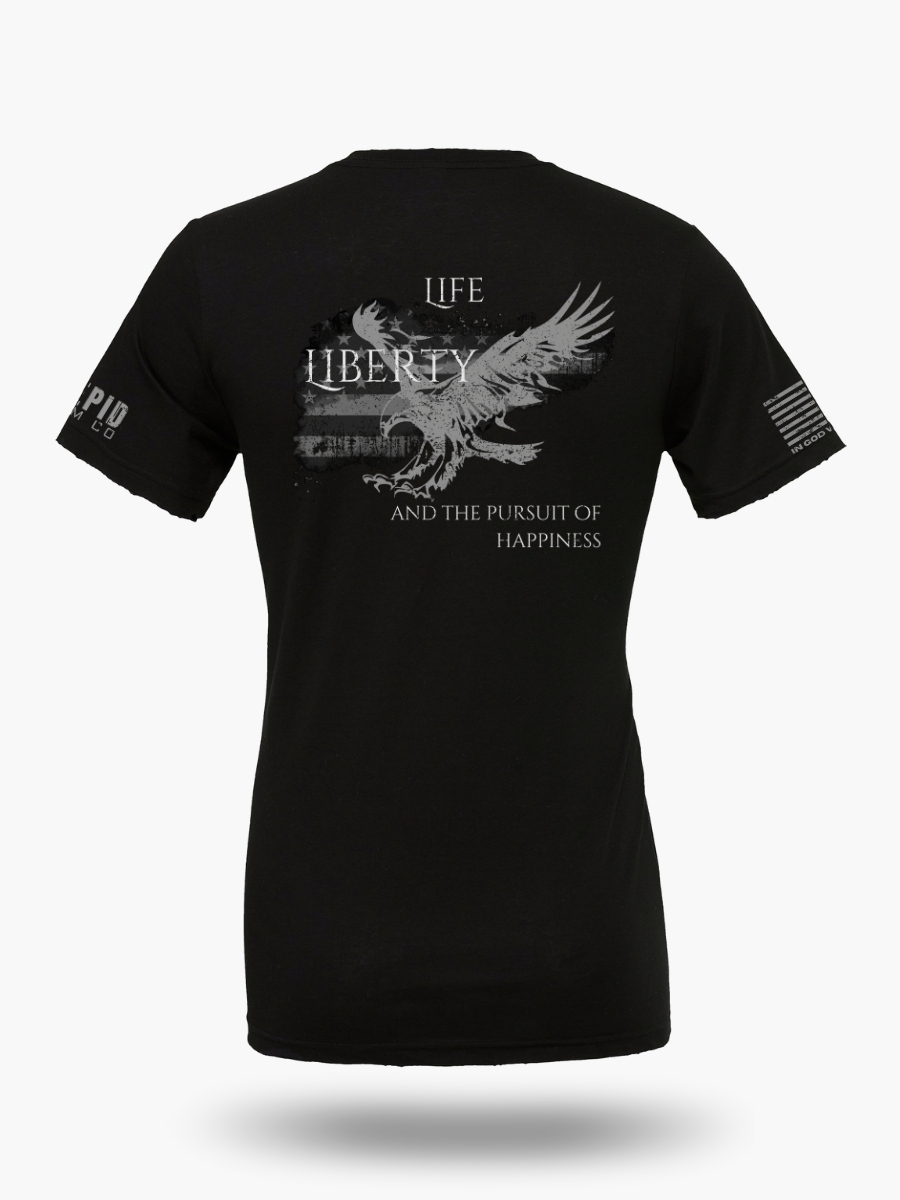 Black t-shirt back with eagle design and 'Life, Liberty, and the Pursuit of Happiness' text.