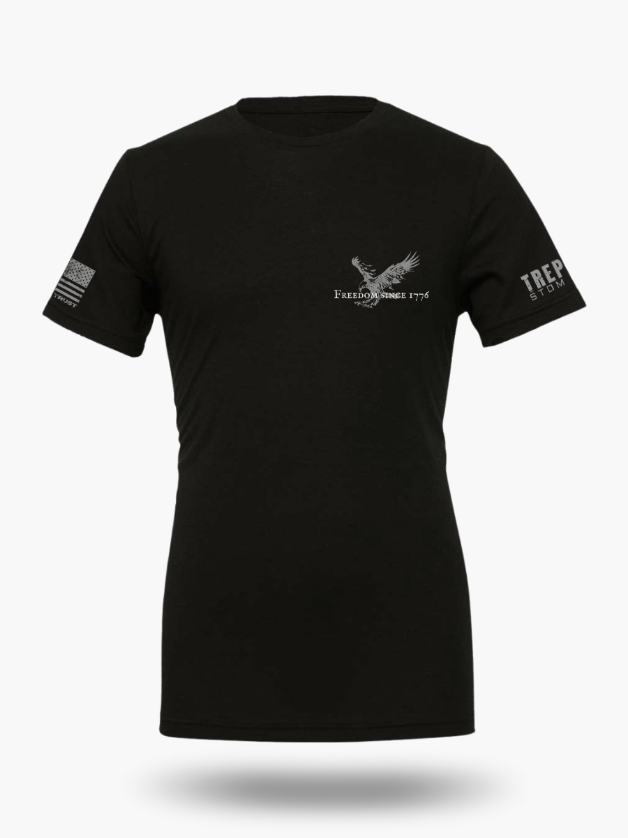 Black t-shirt front with 'Freedom Since 1776' and eagle design on the chest.