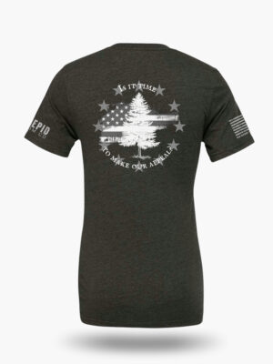 Dark heather grey t-shirt with Appeal to Heaven flag design featuring a bold White Pine Tree over a distressed American flag background. Historic patriotic graphic with strong revolutionary symbolism.