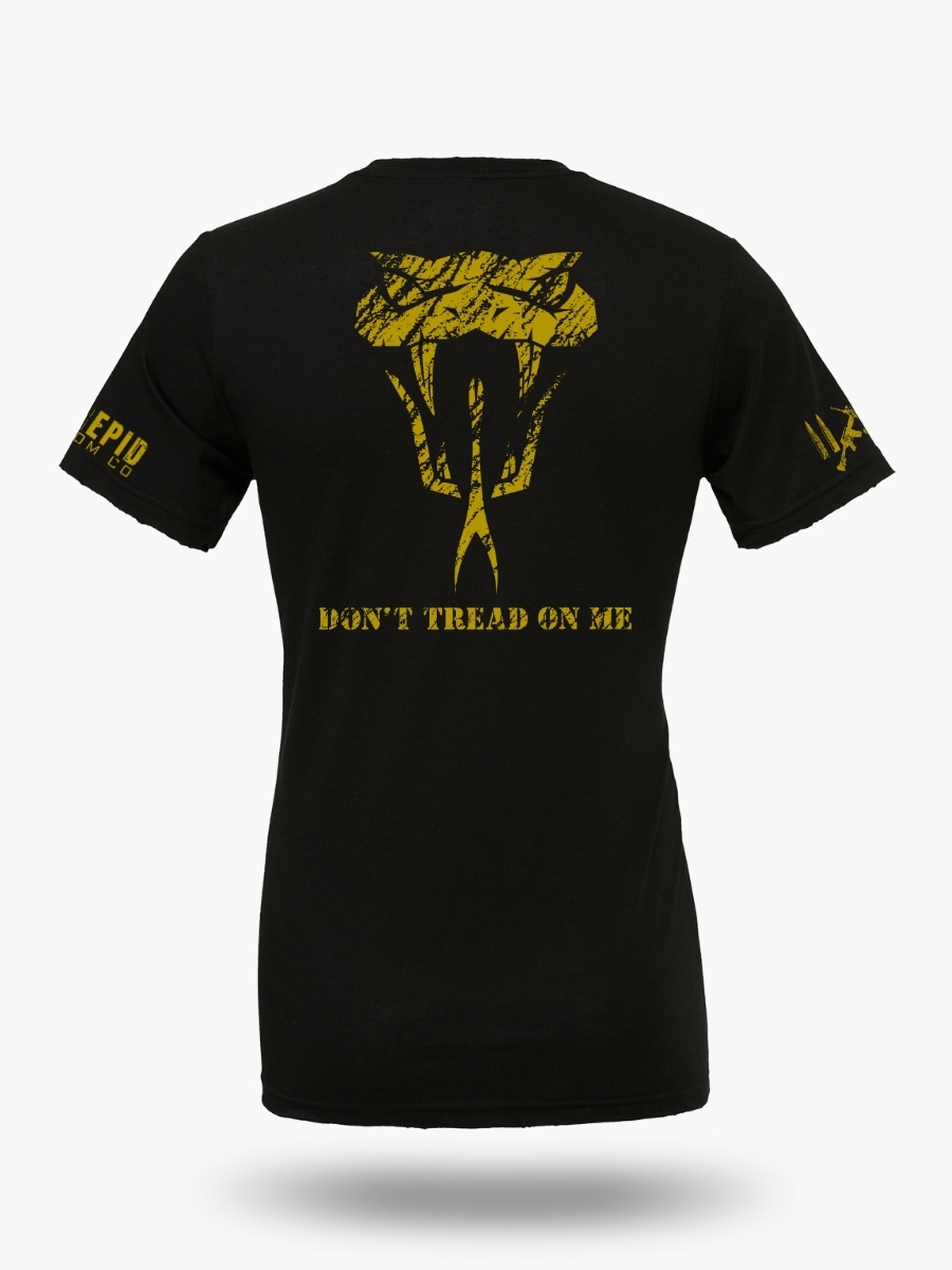Black "Don&acirc;t Tread on Me" t-shirt featuring a fierce rattlesnake head graphic inspired by the historic Gadsden flag.