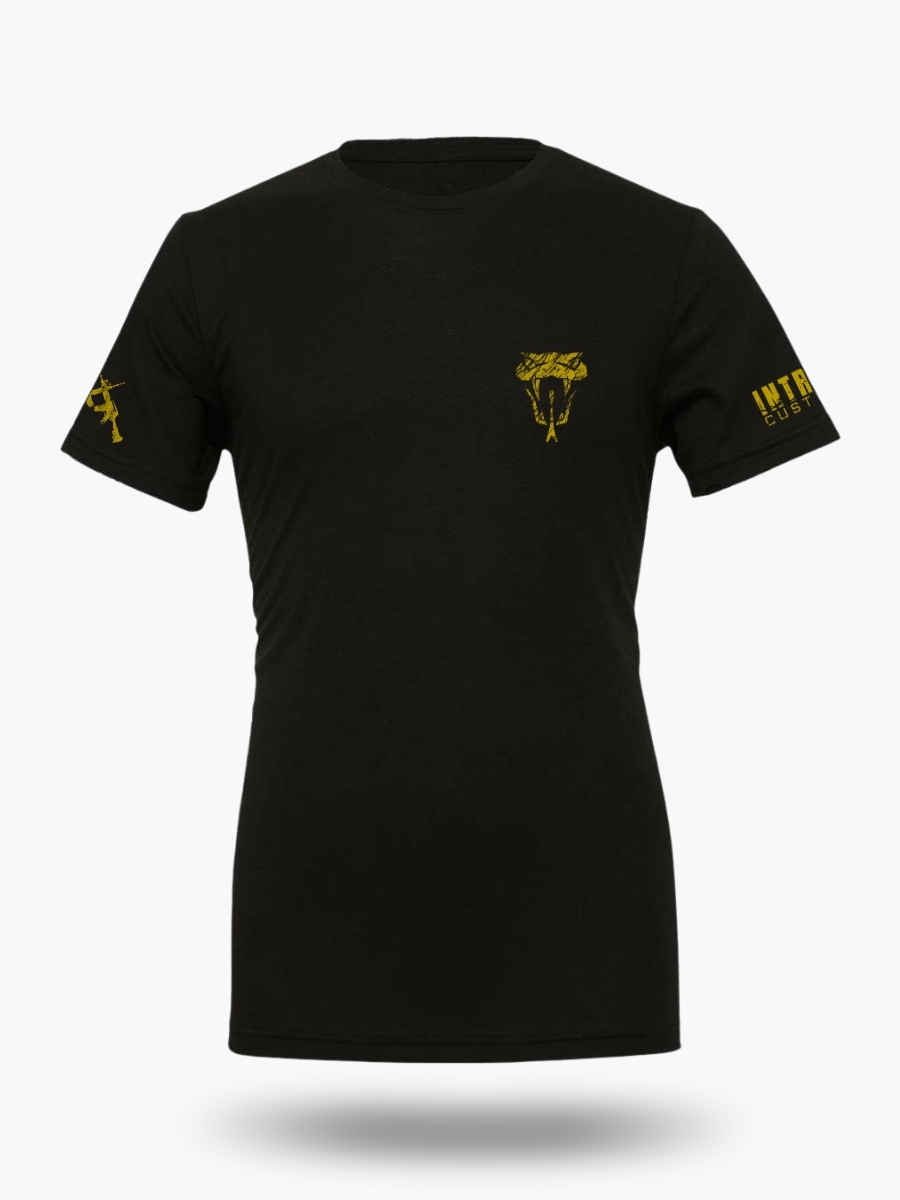 Black "Don&acirc;t Tread on Me" t-shirt featuring a fierce rattlesnake head graphic inspired by the historic Gadsden flag.