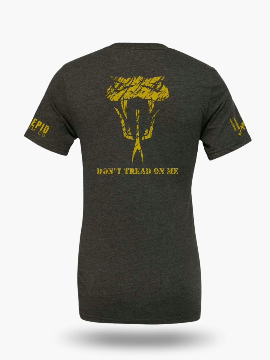 Dark heather grey "Don&acirc;t Tread on Me" t-shirt featuring a fierce rattlesnake head graphic inspired by the historic Gadsden flag.