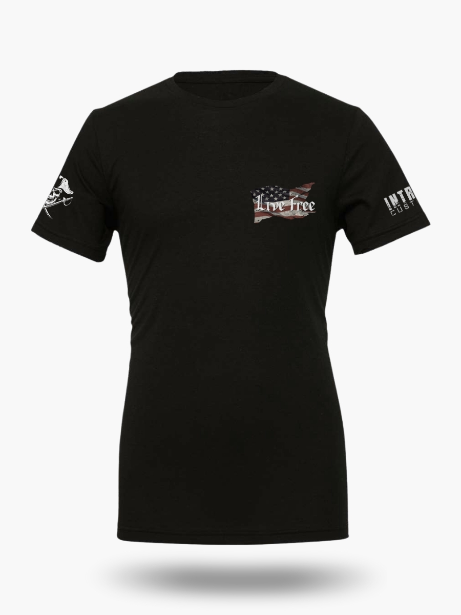 Rebellious pirate-style T-shirt with distressed American flag, skull and crossed swords, and the quote When Tyranny Becomes Law Rebellion Becomes Duty.