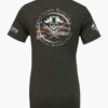 Rebellious pirate-style, dark heather grey T-shirt with distressed American flag, skull and crossed swords, and the quote When Tyranny Becomes Law Rebellion Becomes Duty.