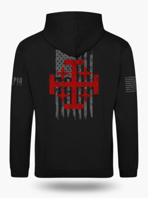 In God We Trust Christian hoodie back with large distressed cross and American flag
