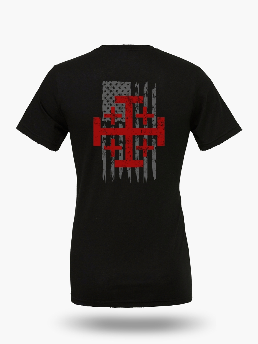 In God We Trust Christian t-shirt back with large distressed cross and American flag