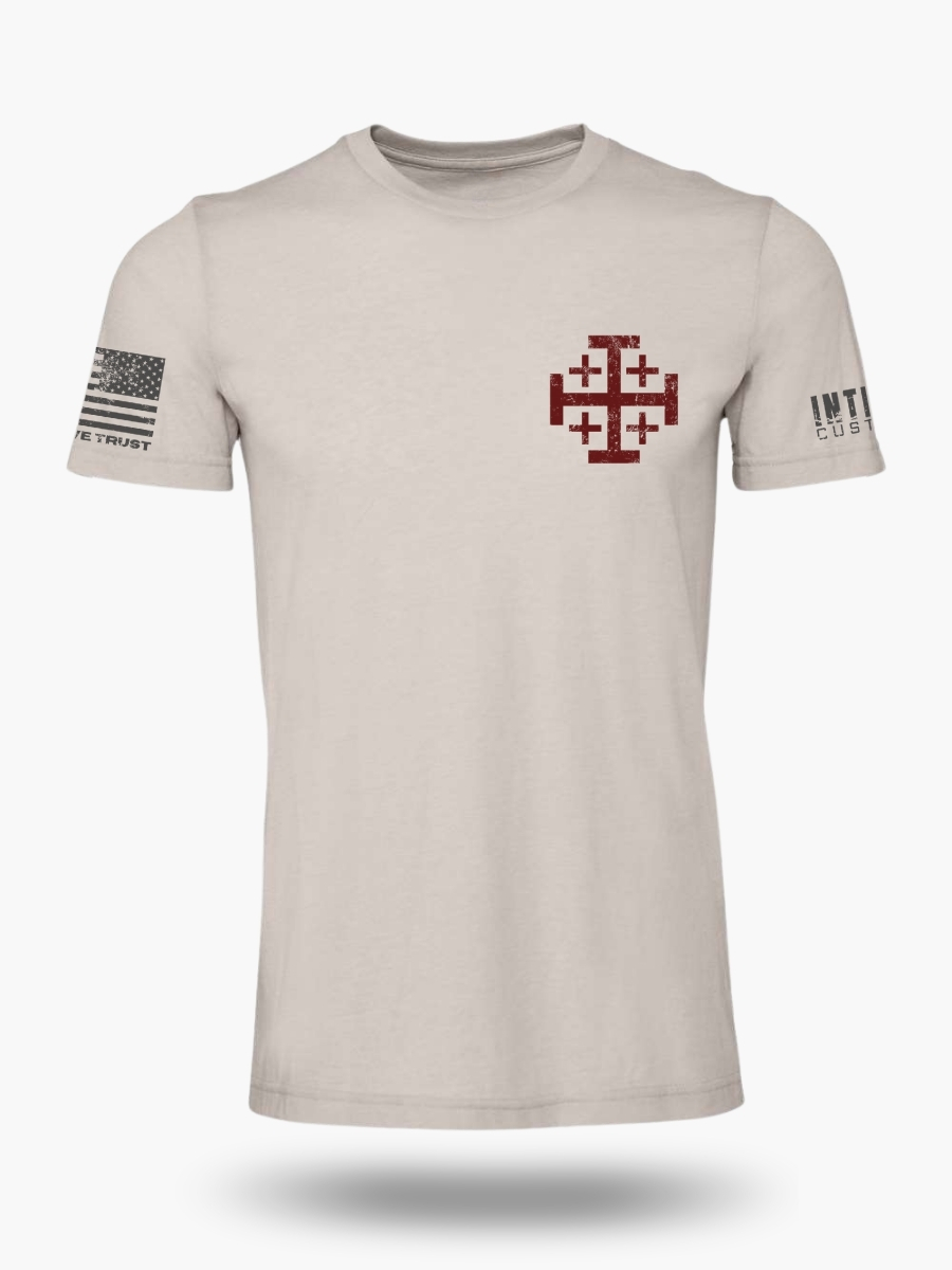 In God We Trust Christian t-shirt front with Jerusalem cross and American flag sleeve