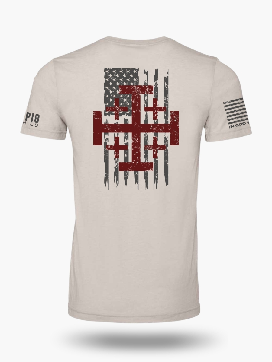 In God We Trust Christian t-shirt back with large distressed cross and American flag