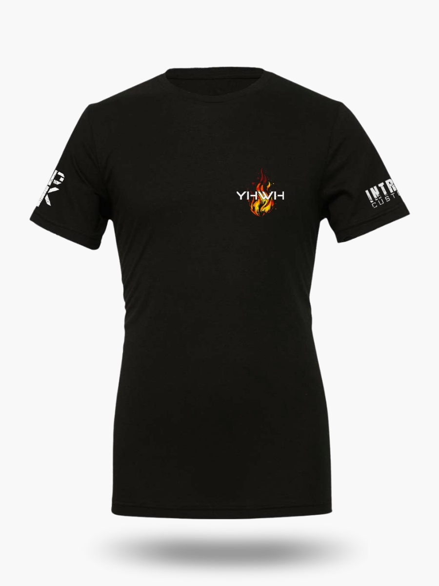 Black t-shirt with a flame and 'YHWY' text.