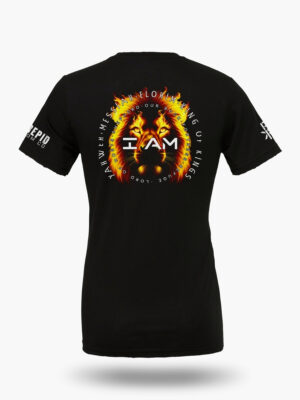 Black t-shirt with a Lion of Judah image and 'I Am' text, surrounded by the names of God in flames.