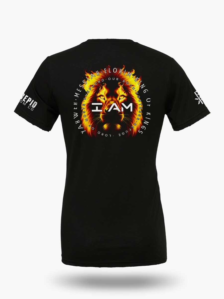 Black t-shirt with a Lion of Judah image and 'I Am' text, surrounded by the names of God in flames.