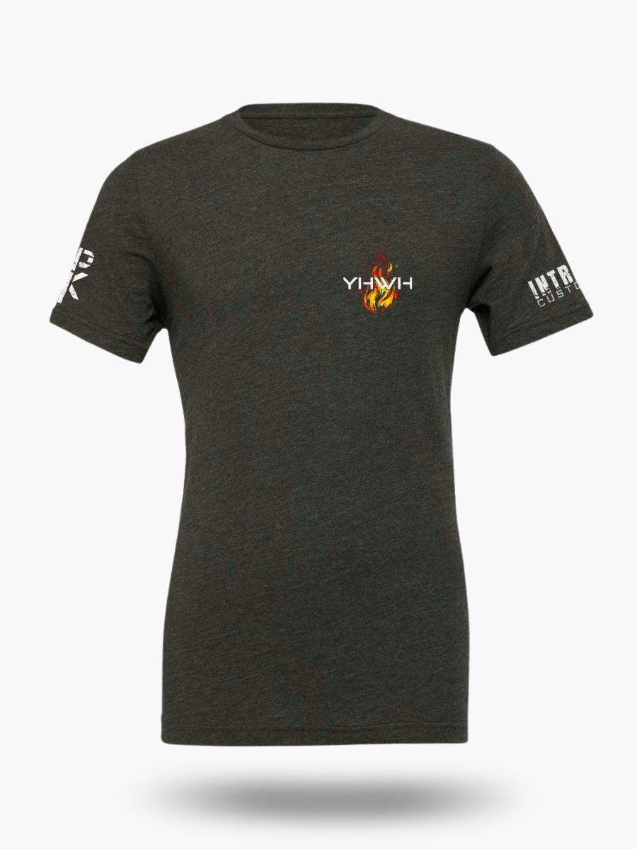 Dark heather grey t-shirt with a flame and 'YHWY' text.