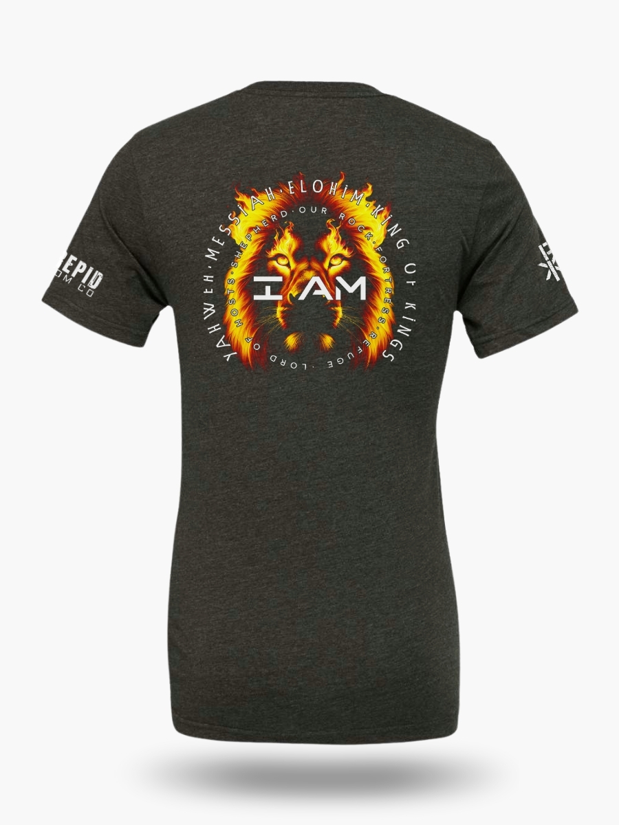 Dark heather grey t-shirt with a Lion of Judah image and 'I Am' text, surrounded by the names of God in flames.