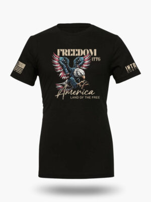 Black t-shirt displaying an eagle and "America Land of the Free Home of the Brave" and "Freedom Since 1776" text