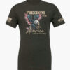 Dark heather grey t-shirt displaying an eagle and "America Land of the Free Home of the Brave" and "Freedom Since 1776" text