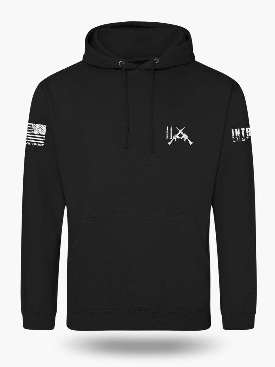 Black hoodie with a minimalist white 2A chest design featuring two crossed rifles