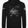 Back view of a black hoodie with a detailed 2A graphic of two crossed rifles, rattlesnakes, and the text "THE RIGHT OF THE PEOPLE TO KEEP AND BEAR ARMS SHALL NOT BE INFRINGED".