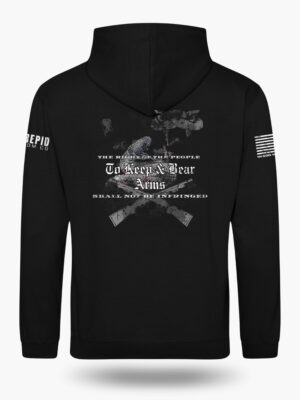 Back view of a black hoodie with a detailed 2A graphic of two crossed rifles, rattlesnakes, and the text "THE RIGHT OF THE PEOPLE TO KEEP AND BEAR ARMS SHALL NOT BE INFRINGED".