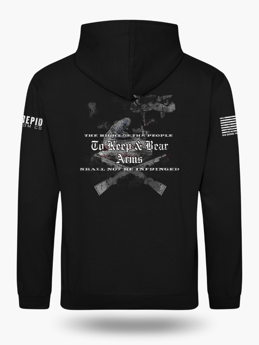 Back view of a black hoodie with a detailed 2A graphic of two crossed rifles, rattlesnakes, and the text "THE RIGHT OF THE PEOPLE TO KEEP AND BEAR ARMS SHALL NOT BE INFRINGED".