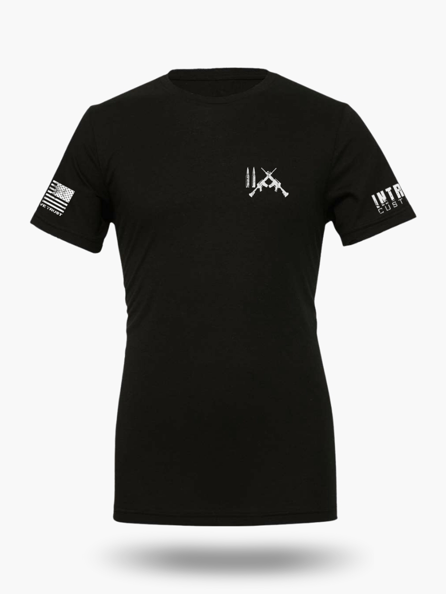Black t-shirt with a minimalist white 2A chest design featuring two crossed rifles