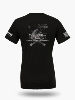 Back view of a black t-shirt with a detailed 2A graphic of two crossed rifles, rattlesnakes, and the text "THE RIGHT OF THE PEOPLE TO KEEP AND BEAR ARMS SHALL NOT BE INFRINGED".