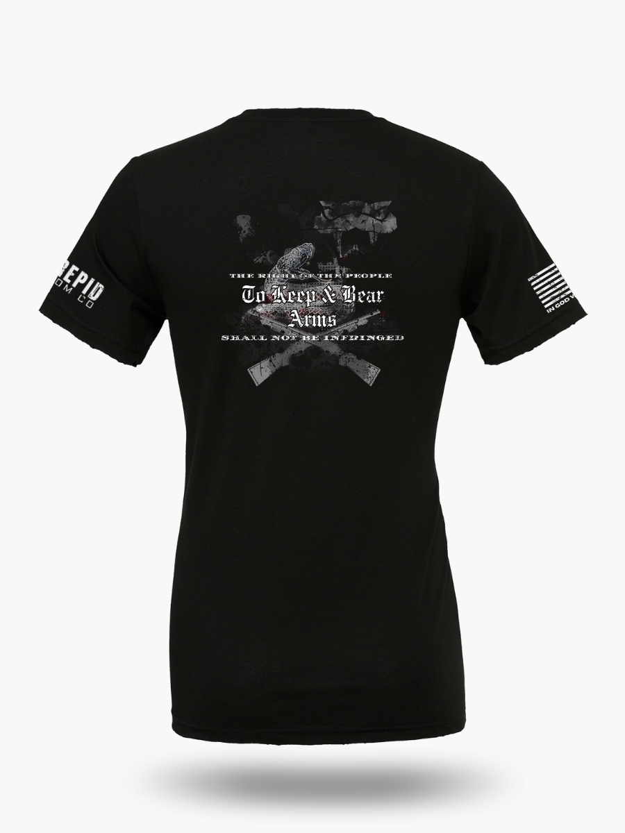 Back view of a black t-shirt with a detailed 2A graphic of two crossed rifles, rattlesnakes, and the text "THE RIGHT OF THE PEOPLE TO KEEP AND BEAR ARMS SHALL NOT BE INFRINGED".