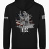 Back view of a black hoodie with a detailed graphic of a kneeling knight in armor holding a sword, set against an American flag background, and the text "MAY ALL OF HELL TREMBLE WHEN I RISE."