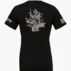 Back view of a black t-shirt with a detailed graphic of a kneeling knight in armor holding a sword, set against an American flag background, and the text "MAY ALL OF HELL TREMBLE WHEN I RISE."