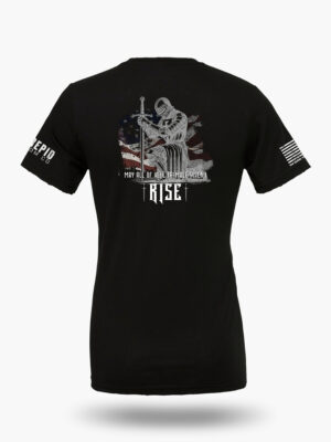 Back view of a black t-shirt with a detailed graphic of a kneeling knight in armor holding a sword, set against an American flag background, and the text "MAY ALL OF HELL TREMBLE WHEN I RISE."