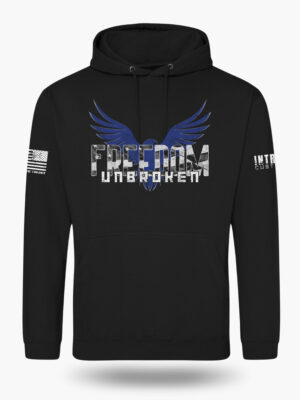 Black hoodie featuring a bold eagle with outstretched wings and the text "FREEDOM UNBROKEN" in a distressed font, with an American flag patch on the sleeve.