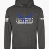Charcoal hoodie featuring a bold eagle with outstretched wings and the text "FREEDOM UNBROKEN" in a distressed font, with an American flag patch on the sleeve.