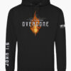 Black hoodie with a vibrant orange flame design and the text "OVERCOME - LIGHT THE DARKNESS" on the front, and "JOHN 1:5" in bold white font running down the right sleeve.