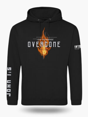 Black hoodie with a vibrant orange flame design and the text "OVERCOME - LIGHT THE DARKNESS" on the front, and "JOHN 1:5" in bold white font running down the right sleeve.