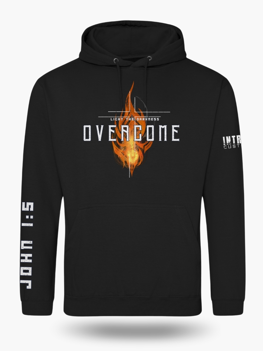 Black hoodie with a vibrant orange flame design and the text "OVERCOME - LIGHT THE DARKNESS" on the front, and "JOHN 1:5" in bold white font running down the right sleeve.