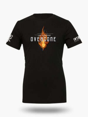 Black t-shirt with a vibrant orange flame design and the text "OVERCOME - LIGHT THE DARKNESS" in bold white font.