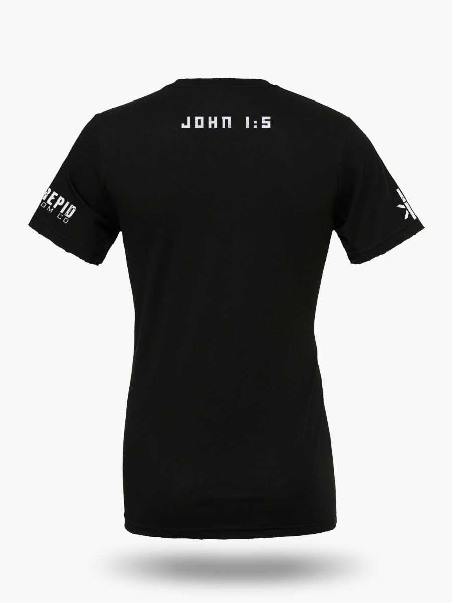 Back view of a black t-shirt with the text "JOHN 1:5" in bold white font.