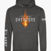 Charcoal hoodie with a vibrant orange flame design and the text "OVERCOME - LIGHT THE DARKNESS" on the front, and "JOHN 1:5" in bold white font running down the right sleeve.