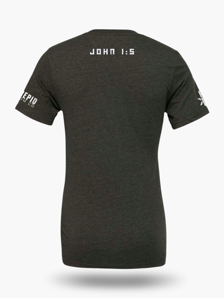 Back view of a dark heather grey t-shirt with the text "JOHN 1:5" in bold white font.