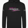 Black Grace N' Powder hoodie. Hot-pink "Grace N' Powder" logo with powder-blast effect printed on chest.