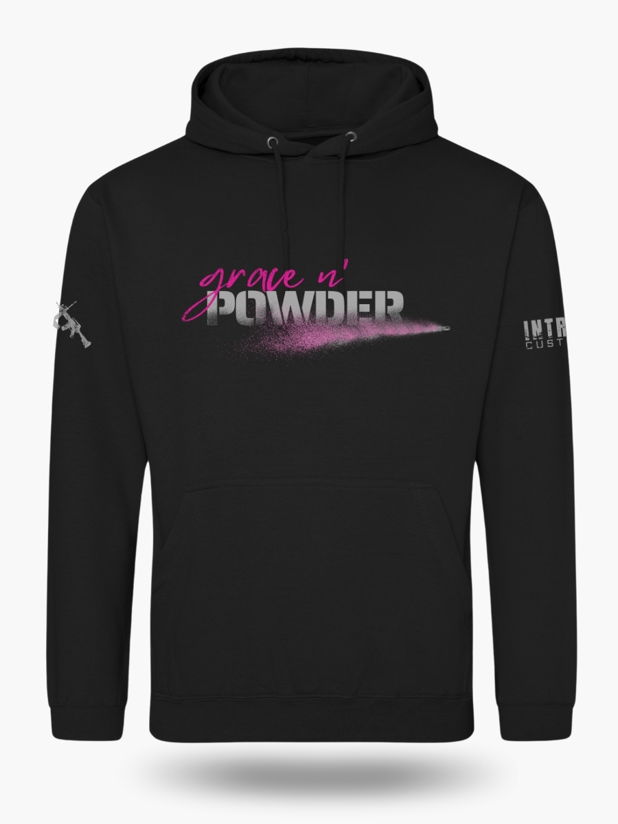 Black Grace N' Powder hoodie. Hot-pink "Grace N' Powder" logo with powder-blast effect printed on chest.