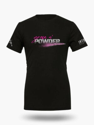 Black Grace N' Powder T-Shirt. Features bold hot-pink "Grace N' Powder" text with powder-blast graphic across chest.