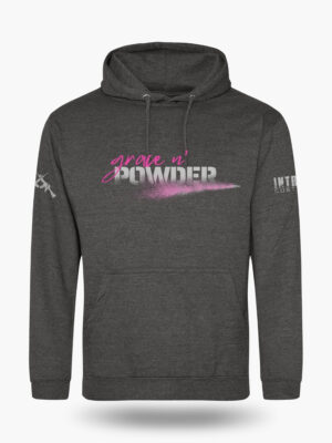 Charcoal Grace N' Powder hoodie. Hot-pink "Grace N' Powder" logo with powder-blast effect printed on chest.
