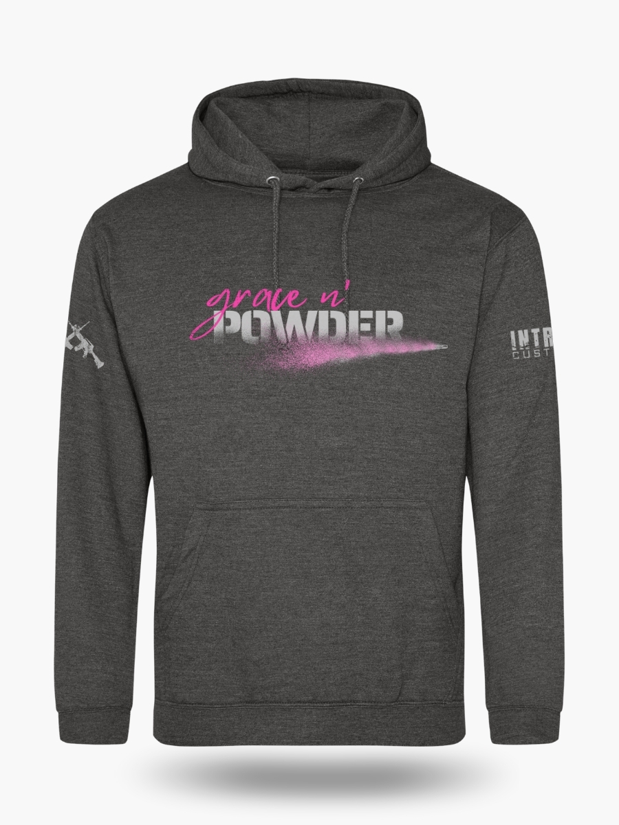 Charcoal Grace N' Powder hoodie. Hot-pink "Grace N' Powder" logo with powder-blast effect printed on chest.