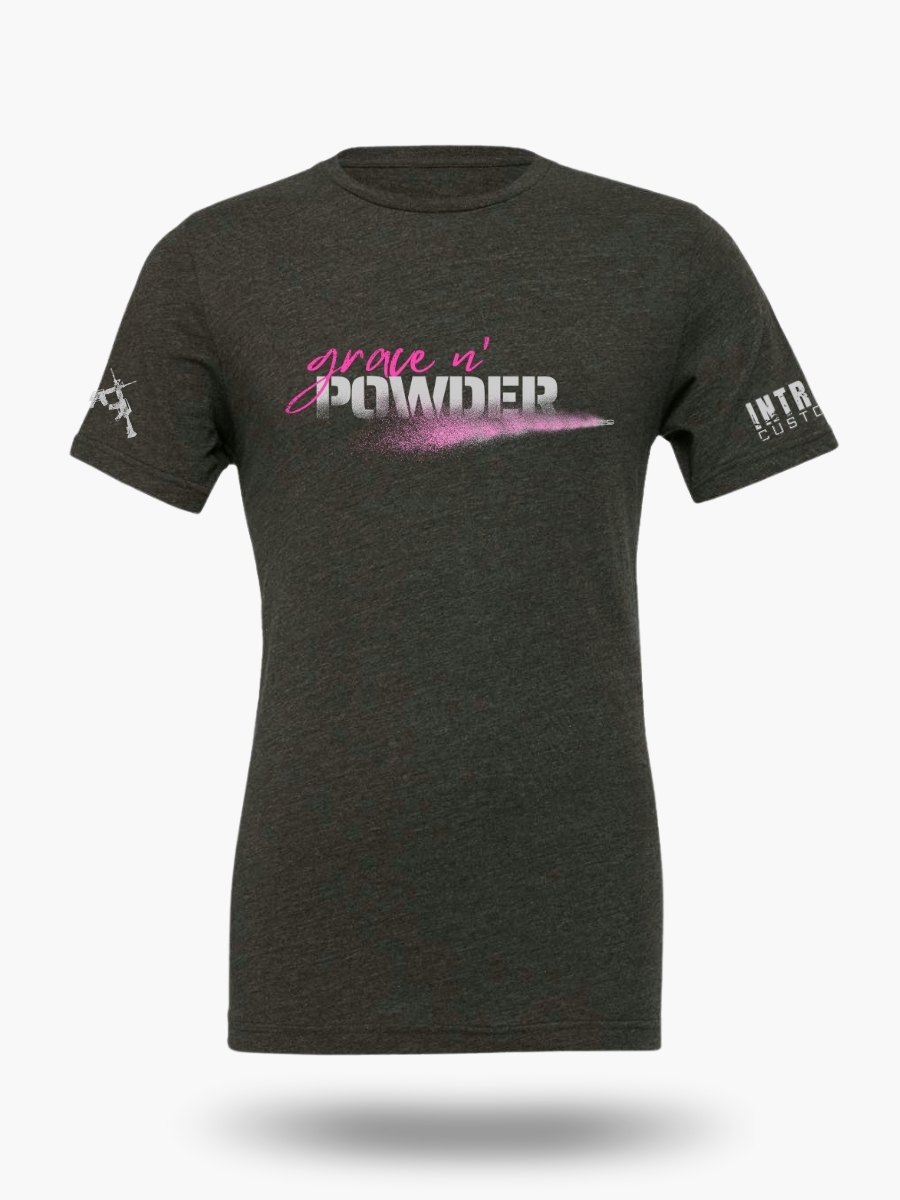 Dark heather grey Grace N' Powder T-Shirt. Features bold hot-pink "Grace N' Powder" text with powder-blast graphic across chest.