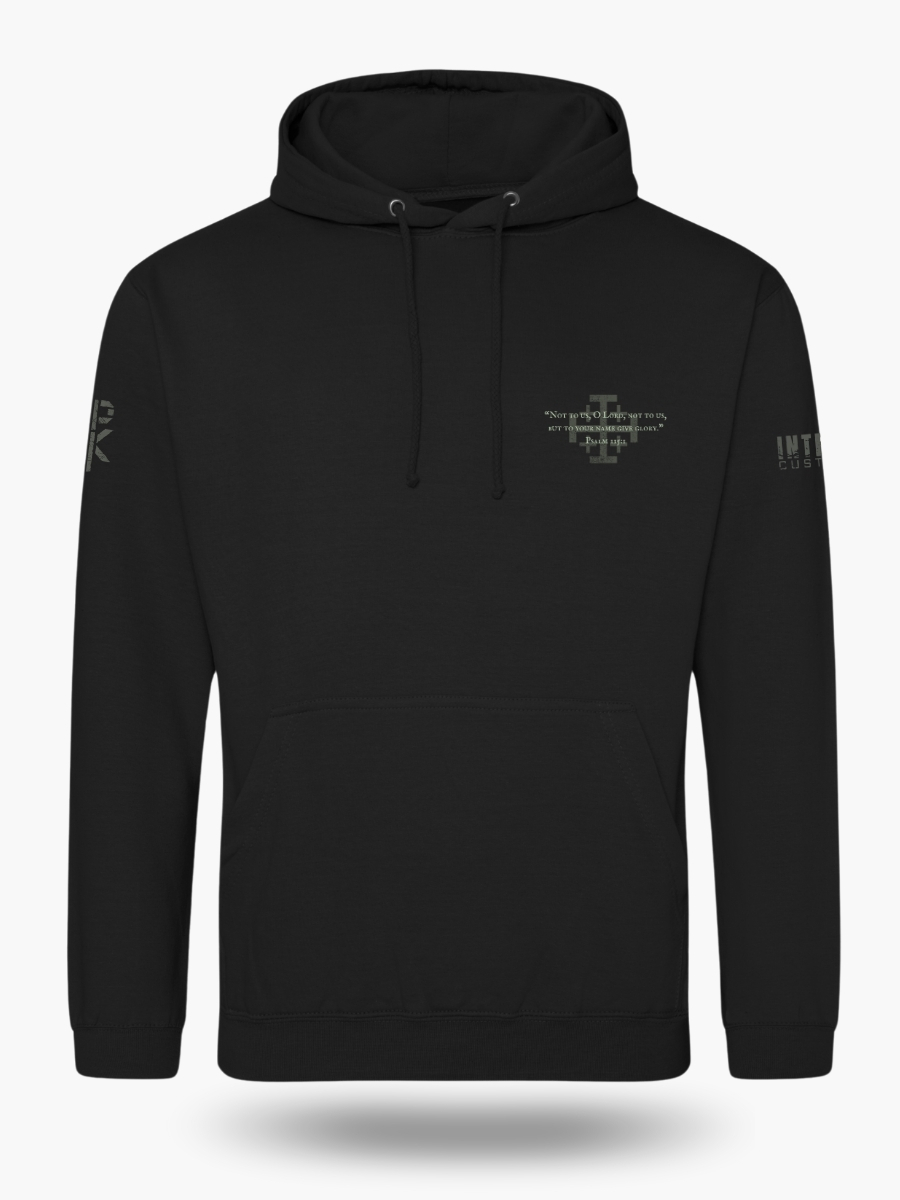 Jerusalem Cross behind the text &acirc;Not to us, O Lord, not to us, but to your name give glory&acirc; with Psalm 115:1 on a black hoodie.