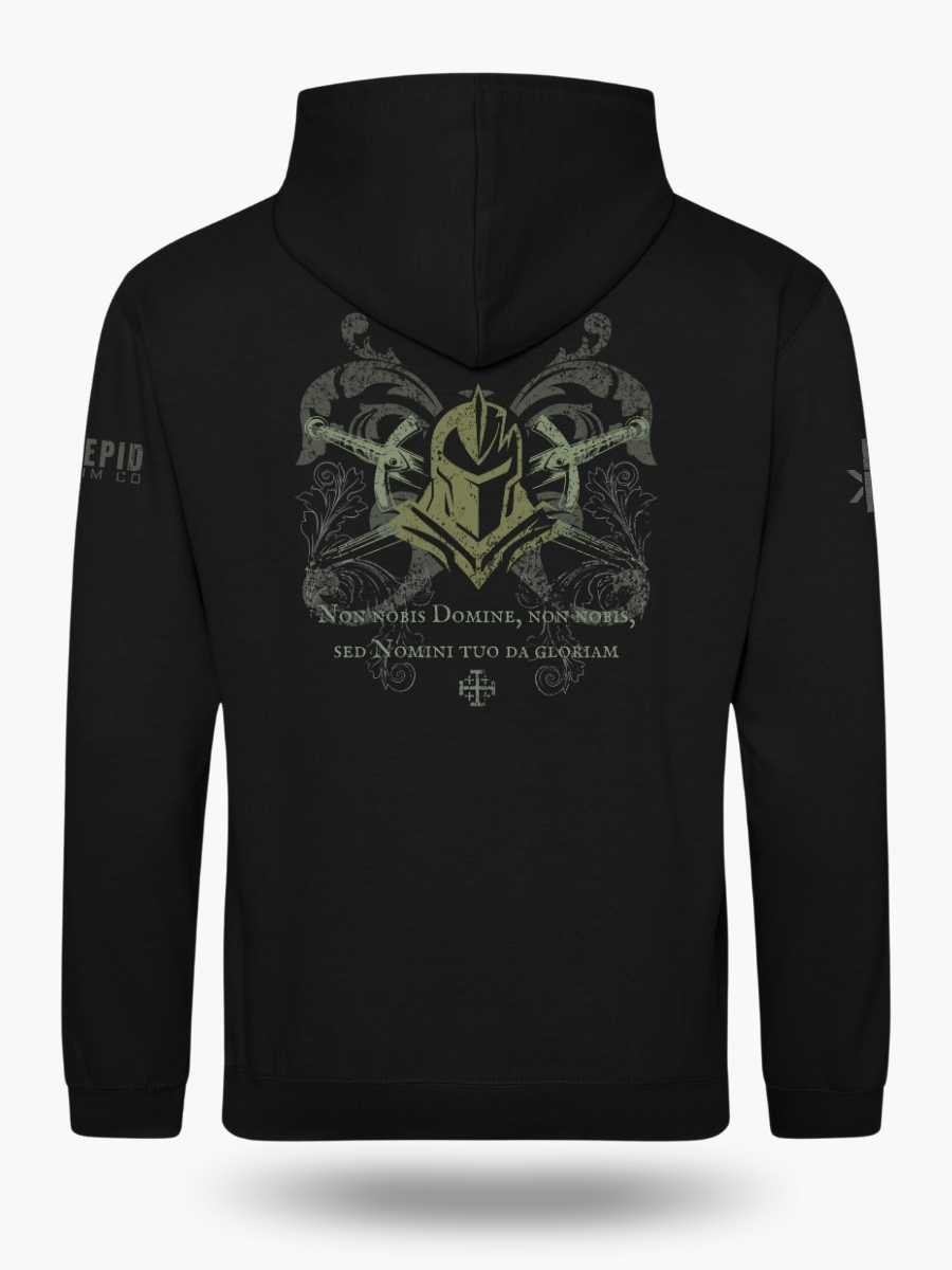 Knights Templar warrior with crossed swords and ornate scrollwork behind the Latin text &acirc;Non nobis Domine, non nobis sed Nomini tuo da gloriam' on a black hoodie.